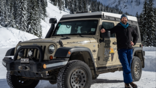 Dan Grec and the Wrangler he used to travel across the African continent